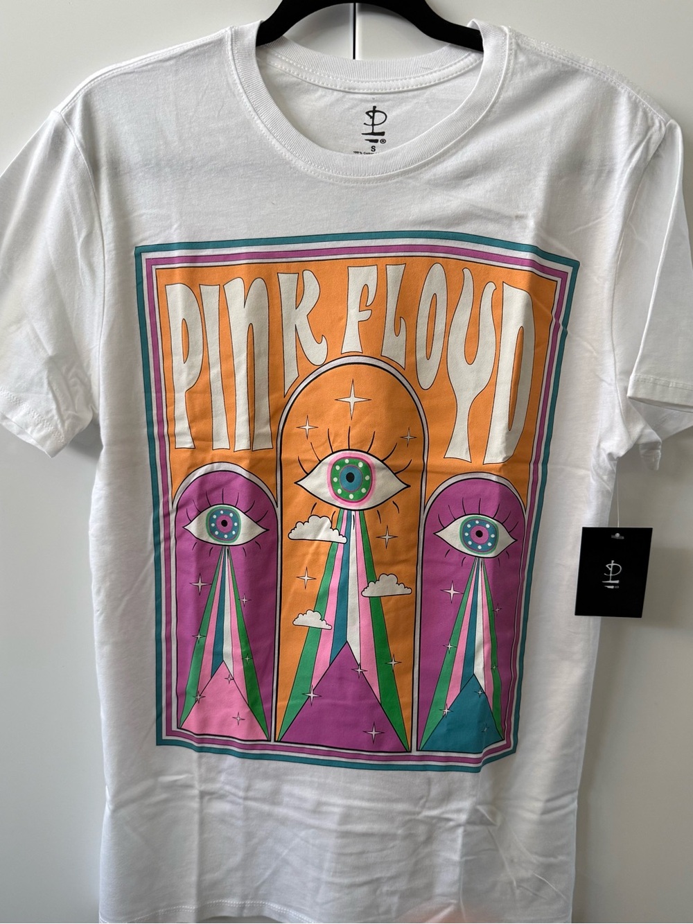 White Pink Floyd Graphic Tee with Orange, Purple & Teal Design Small